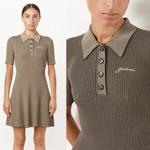NEW Ganni Melange Collar Embroidered Short-Sleeve Knit Mini Dress Safari Size: M